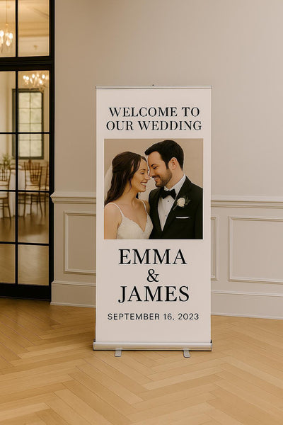 Personalized Wedding Welcome Banner: Elegant Retractable Ceremony & Reception Display (33"x81")