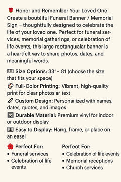 Custom Memorial Banner: Celebration of Life Sign, Funeral Decoration (33-81")