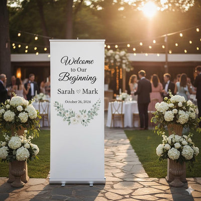 Custom Wedding Welcome Banner: Elegant Retractable Backdrop (33"x81")