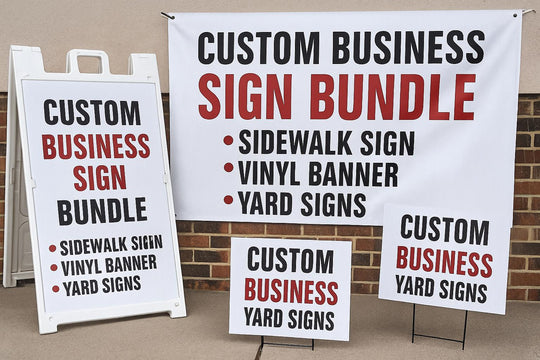 Custom Business Sign Bundle: 1 Sidewalk Sign, 1 Vinyl Banner, 10 x Yard Signs