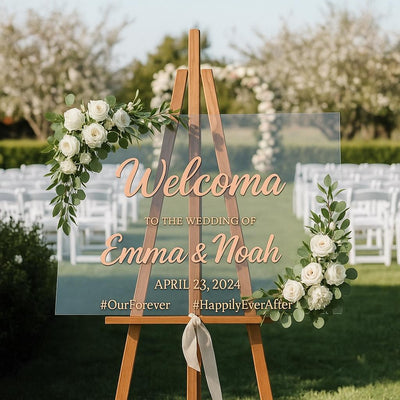 Wedding Welcome Sign: Clear Acrylic, Custom Names - Elegant Reception Decor