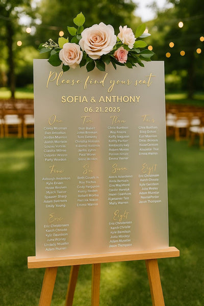 Wedding Seating Sign: Custom Frosted Acrylic Display Made in USA - Free Shipping
